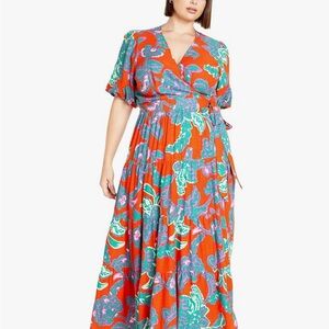 City Chic Orange Wrap Maxi Dress Flutter Sleeves